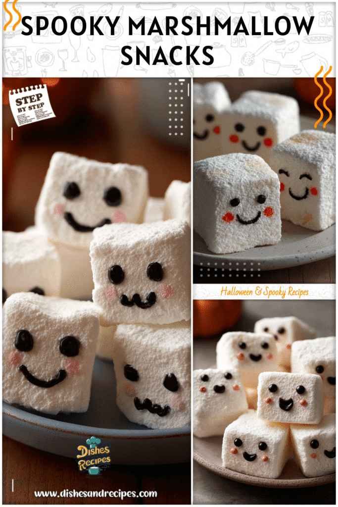 Stay Puft marshmallows decorated with spooky faces served as fun Halloween food on a party plate.